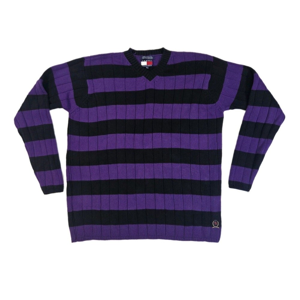 Vtg Tommy Hilfiger Purple Black V-Neck Striped Sweater Women XL 90s Preppy